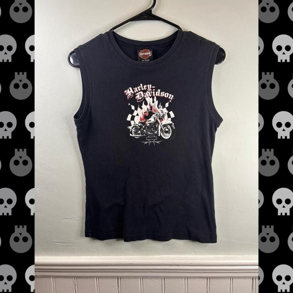 Harley Davidson Sleeveless Tank Top Biker Graphic Black Y2K Flames L